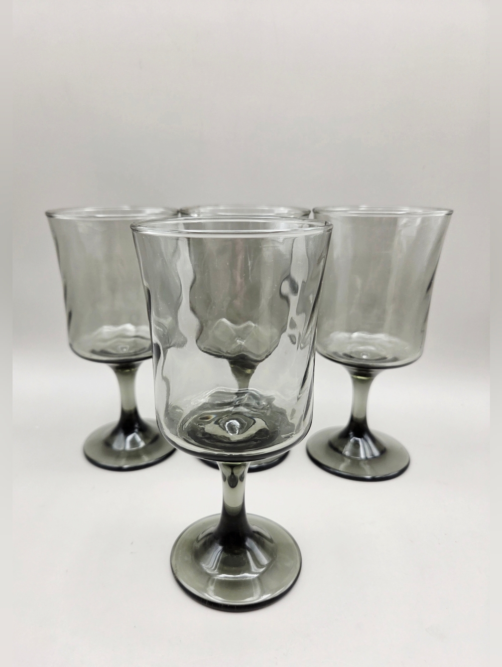 Libbey Vintage Smokey Gray Optic Swirl Glass Wine Goblets - Set of 4